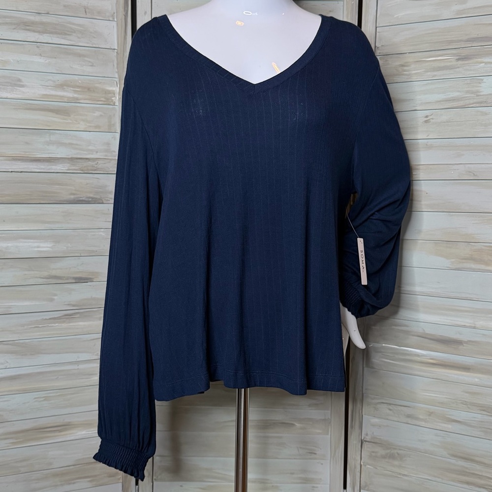 SOMA pointelle knit long sleeve elastic cuff v-neck pajama top navy blue NWT XL